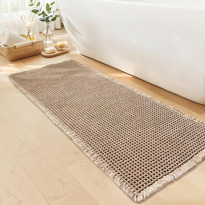 Long Bath Mat, Waffle Bathroom Runner Rug Non Slip Washable, 24 x 60 | Super Absorbent, Quick Dry Bath Runner, Soft Waffle Weave, Boho Farmhouse Bathroom Decor in Khaki for Sink or Tub