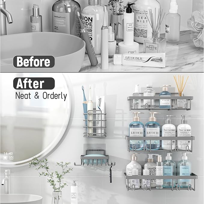 Liuoud 5 Pack Shower Caddy for Inside shower, Grey Bathroom Storage Decor | Large Rustproof Stainless Steel Organizer with Strong Adhesive, No Drilling Wall Mounted Shelves, Bathroom Accessory Set