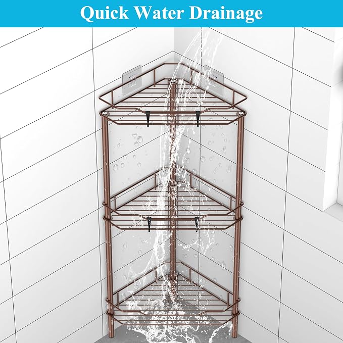 Metal Floor Standing Corner Shower Caddy, Coffee, 3 Tier | Adhesive Bathroom Organizer Shelves, Free Standing Shower Rack with Hooks, Hold Large Shampoo Bottles