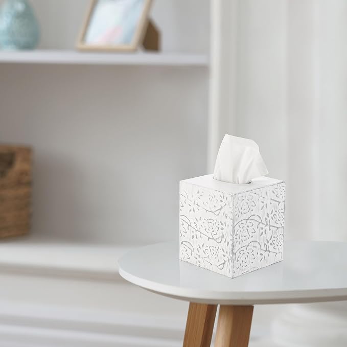 Country Chic Modern Farmhouse Tissue Box Holder, Decorative Metal Tissue Cover, Rustic Square White Style