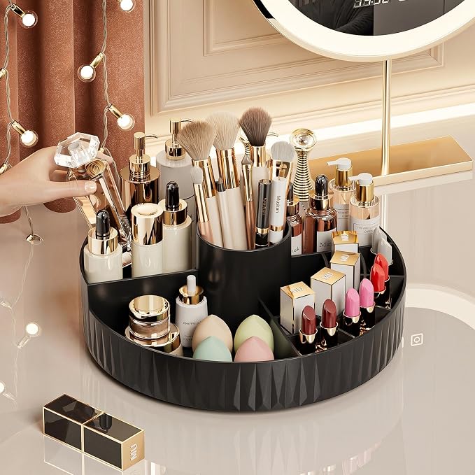 360° Rotate Makeup Organizer, Countertop Skincare Organizer, Large Capacity Multi-Compartment Makeup Brush Lipstick Skincare Organizer, Cosmetic Storage for Dresser Vanity & Bathroom (Black)