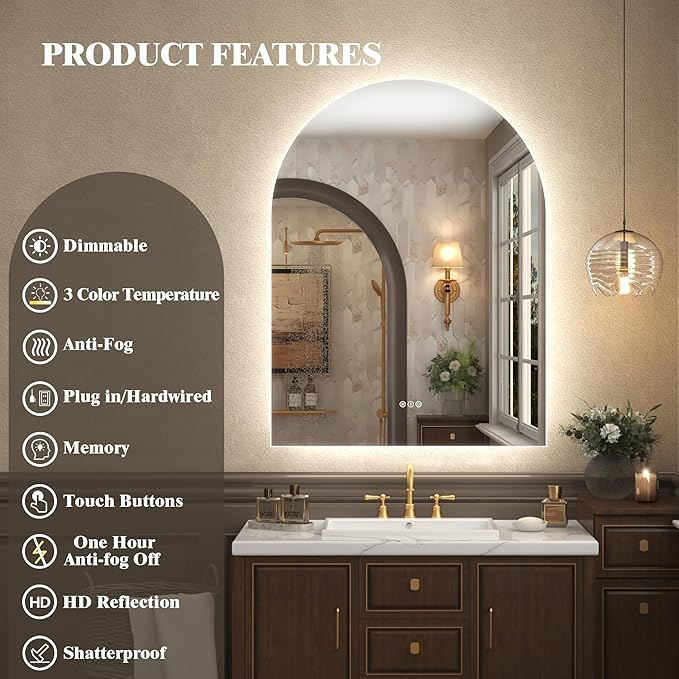 24x36 Inch Backlit Arched LED Mirror for Bathroom | Dimmable Vanity Mirror with Lights, Shatter-Proof, Anti-Fog, 3 Colors, Memory Function, ETL Listed
