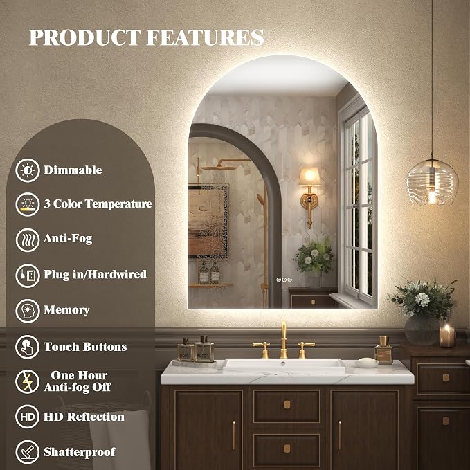 48x30 Inch Arched LED Mirror for Bathroom | Dimmable Backlit Mirror Shatter-Proof Tempered Glass, Anti-Fog, 3 Colors, Memory Function, ETL Listed