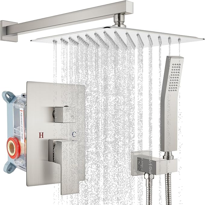 gotonovo Shower Faucet Set with Handheld Spray Brushed Nickel,12'' Head | SUS304 Rainfall Shower Head and Handle Set System Fixture,Pressure Balance Valve Trim Kit,Single Handle,Wall Mount,All Metal