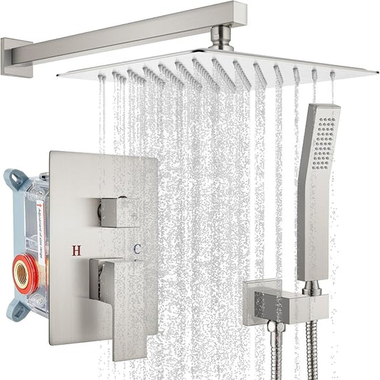gotonovo Shower Faucet Set with Handheld Spray Brushed Nickel,12'' Head | SUS304 Rainfall Shower Head and Handle Set System Fixture,Pressure Balance Valve Trim Kit,Single Handle,Wall Mount,All Metal