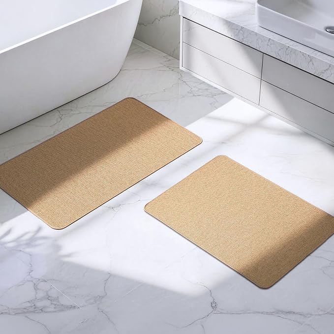 Bathroom Rugs Sets 2 Piece, Thin Bath Mat Absorbent Quick Dry, Machine Washable, Rubber Backing for Non Slip, Low Pile Cozy Cloth Bathroom Rug Set for Tub/Sink/Shower (27"x17" & 30"x19", Khaki)