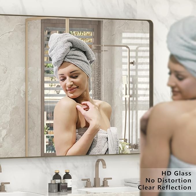 30x36 Inch Brushed Bronze Bathroom Wall Mirror | Metal Bronze Framed Mirror for Vanity, Rounded Oil Rubbed Rectangle Frame, Anti-rust, Shatterproof (Horizontal/Vertical)