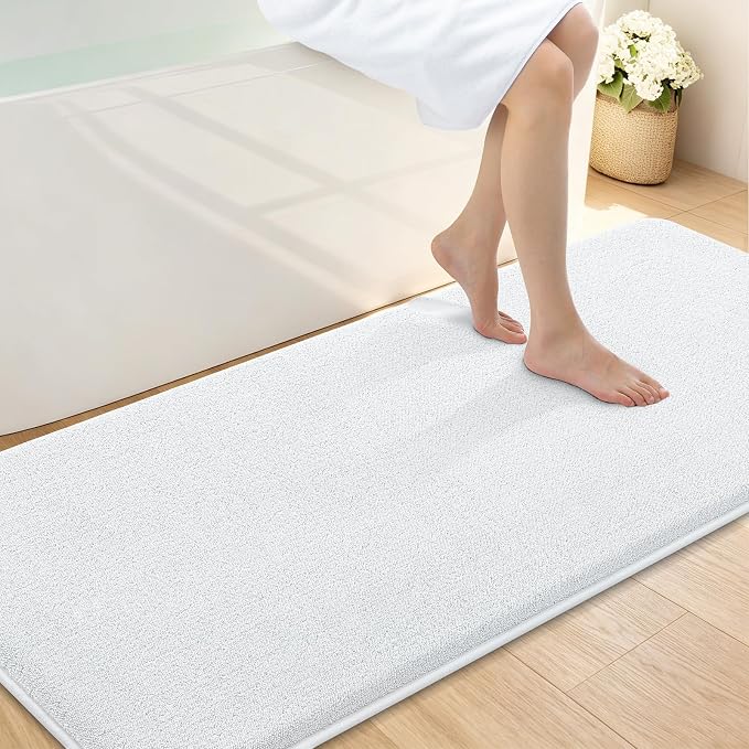 Smiry Memory Foam Bath Mat 59x24, Extra Soft Absorbent Bathroom Rugs | White Quick Dry, Machine Washable Bath Mats for Bathroom, Shower, Tub and Home Decor Accessories