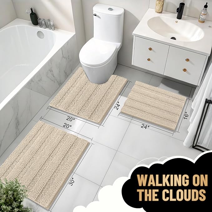 OLANLY Thick Bathroom Runner Rugs 47x20, Soft Chenille Long Bath Rugs, Sand | Absorbent Striped, Rubber Backing, Machine Wash, Bath Mats for Bathroom Floor, Tub and Shower, Home Decor Accessories