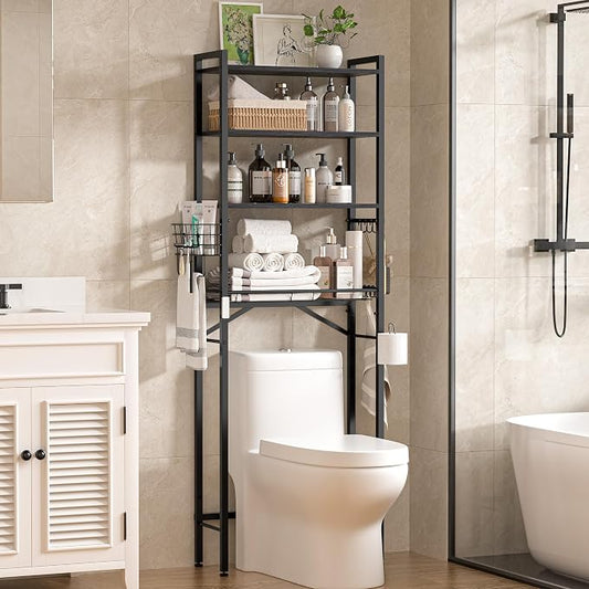 Over-The-Toilet Storage Rack, 4-Tier Bathroom Organizer Shelf Over Toilet with Adjustable Shelf and Basket, Freestanding Space Saver Bathroom Shelves Above Toilet for Room(Black)