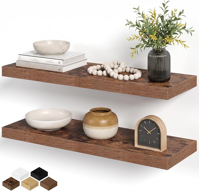 Floating Shelves for Wall, 28 Inch Floating Shelves Set of 2, Wall Mounted Rustic Wood Shelf for Bathroom, Living Room, Bedroom and Kitchen, Hanging Shelf for Storage, Books, Home Decor, Rustic Brown