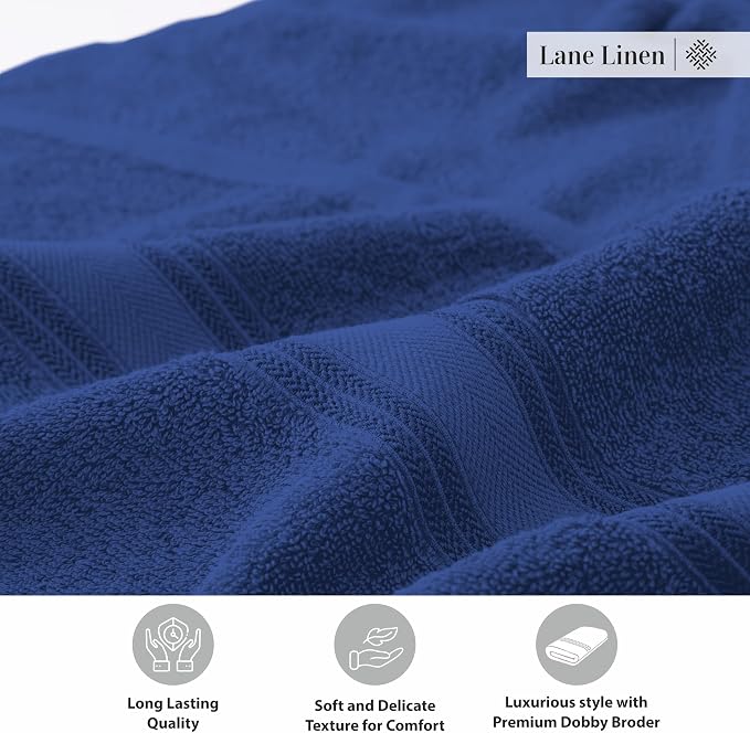LANE LINEN 100% Cotton 4 Pack Bath Towels (30"x60") - Zero Twist, Mercerized Cotton Towels Set for Bathroom - Quick Dry, Soft & Absorbent Large Bath Towel Set - Dorm Essentials for Boys - Navy Blue