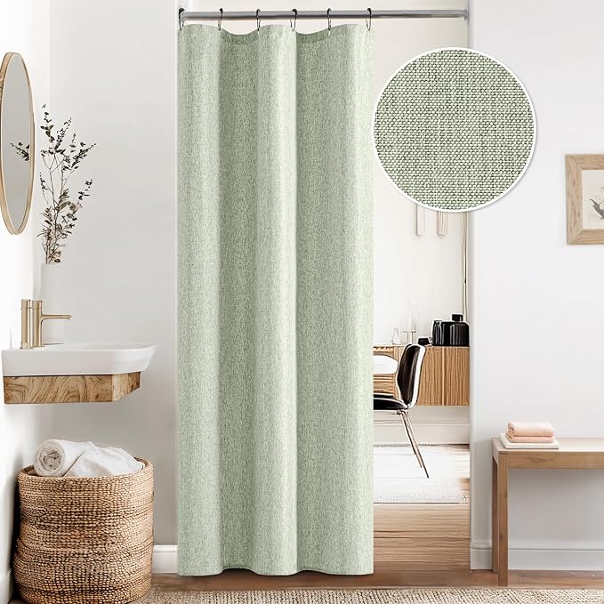 ANRODUO Sage Green Linen Textured Fabric Shower Curtain Set - W36xL72 | Farmhouse Shower Curtain with 6 Metal Hooks, Waterproof Heavy Duty, Button Hole Design, Machine Washable for Bathroom