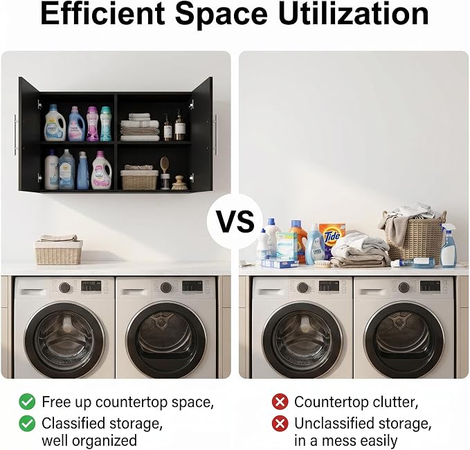 Wall Cabinet, 36" W x 12" D x 20" H Wooden Wall Mounted Storage Cabinet, Double Door Cabinet with Soft Close and Metal Handle and Adjustable Shelf, for Kitchen, Garage, Laundry, Bathroom, Black