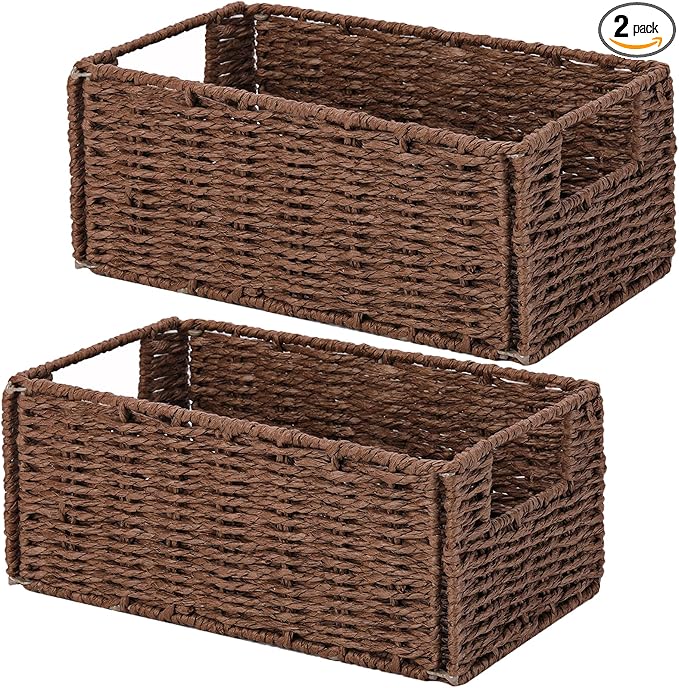 Wicker Storage Basket, Set of 2 Hand-Woven Paper Rope Wicker Basket, Small Storage Baskets for Organizing Toilet Paper Basket, Foldable Large Cube Storage Organizer Bins for Shelves (Brown)