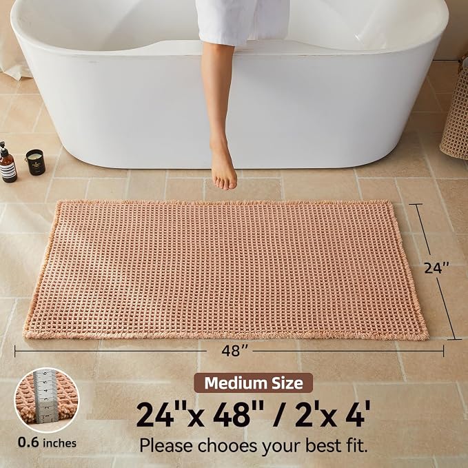 Triohero Waffle Bath Mat, Boho Bathroom Rugs Non Slip, 24x48 Light Peachy | Super Absorbent Quick Dry Bath Rug, Non-Slip Backing, Soft Waffle Washable Farmhouse Bathroom Mats, Tub, Shower & Home Decor