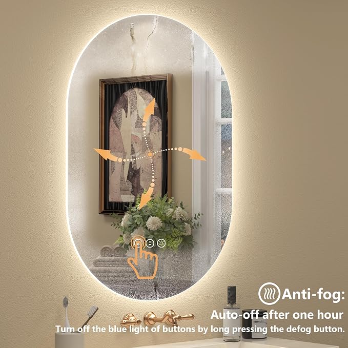 20x32 Inch Oval Backlit LED Bathroom Mirror | Lighted Vanity Mirror with Lights for Wall, Dimmable, Phill-shaped, 3 Colors Lighting, Anti-Fog, Memory (Horizontal/Vertical)