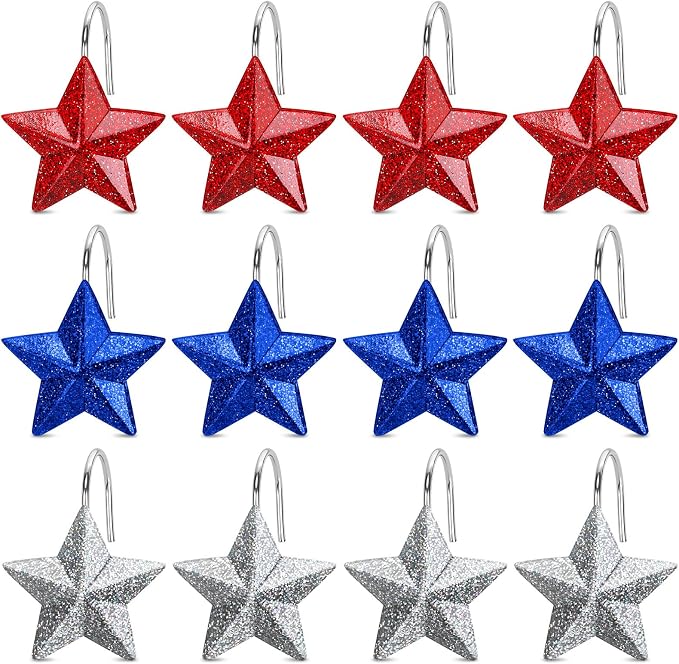 12 Pack Star Shower Curtain Hooks Patriotic Red White Blue Hangers | Resin and Rustproof Stainless Steel, Glide Smoothly Without Scratching Rods, Glitter Star Patriotic Festive Decor
