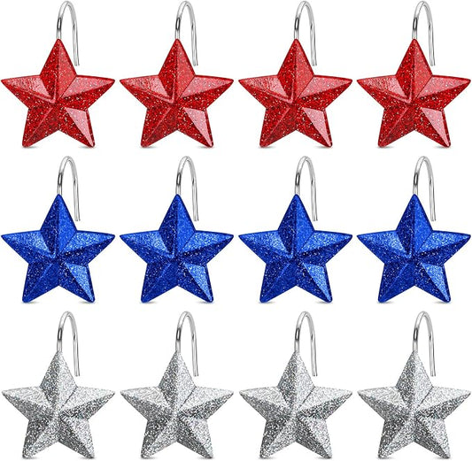12 Pack Star Shower Curtain Hooks Patriotic Red White Blue Hangers | Resin and Rustproof Stainless Steel, Glide Smoothly Without Scratching Rods, Glitter Star Patriotic Festive Decor