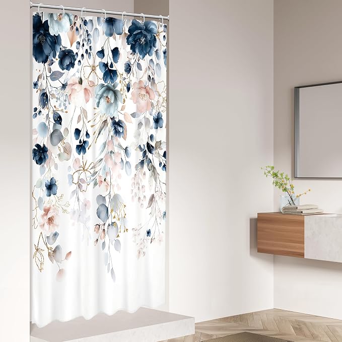 Small Stall Floral RV Blue Pink Bathroom Shower Curtain Set | 36"W x 72"L Flower Watercolor look, waterproof HD printed shower curtain, quick-dry fabric and free hooks.