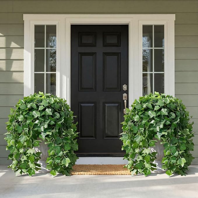Faux Outdoor Plants Fake Hanging Plants for Outdoors Outside Decorations, 2 Pcs Green Fake Ivy Vines Realistic UV Resistant Artificial Greenery for Planters Porch Garden Yard Front Door Patio Indoor