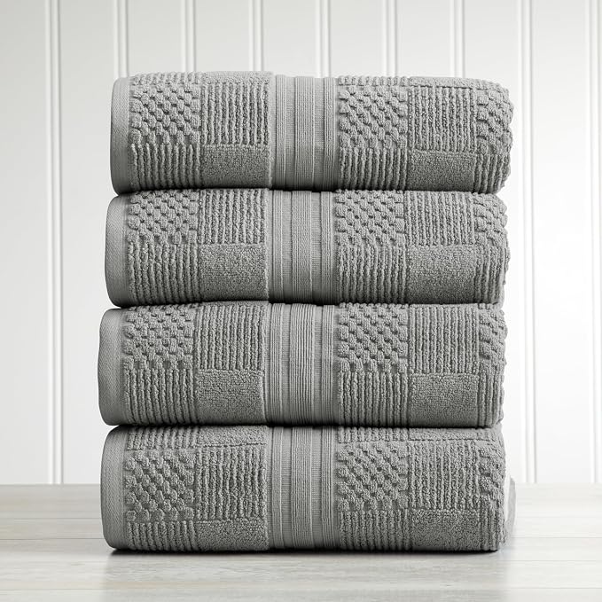 100% Cotton Bath Towel Set | 4-Pack | Textured Carbon Grey | Luxury Geometric Design | Absorbent & Quick-Dry Bathroom Towels | Textured and Durable Cotton Towels for Bathroom | OEKO-TEX