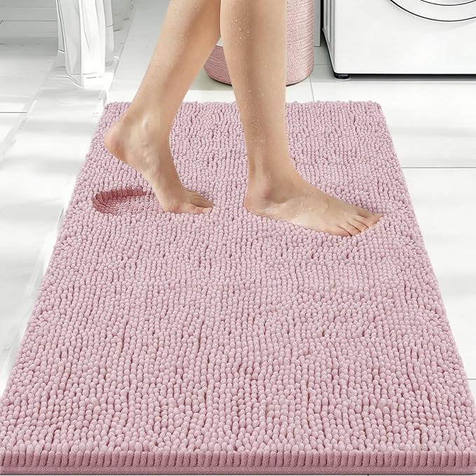 Bcoimo Bath Rug Mat,36x24 Chenille Non Slip Pink Bathroom Floor Shower Mats | Extra Soft Bathroom Rugs;Non Slip with Rubber Backing Bath Mats;High Absorbent And Quick Dry Microfiber mat; Machine Washable