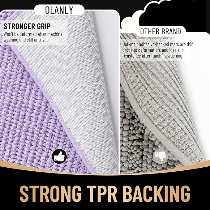 OLANLY Thick Chenille Bathroom Runner Rugs Mats 59x20, Lavender | Soft Absorbent Bath Rugs, Rubber Backing, Machine Wash Dry, Bath Mats for Bathroom, Tub and Shower, Home Decor Accessories