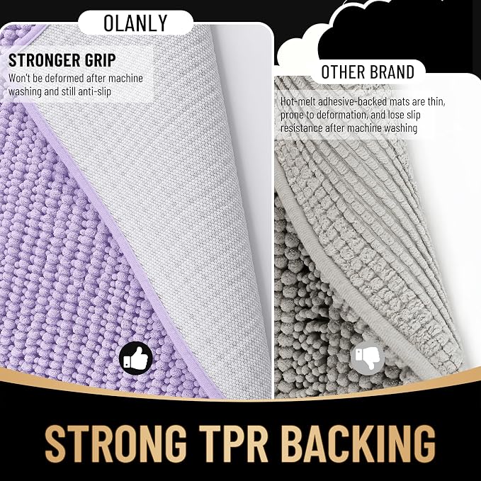 OLANLY Thick Chenille Bathroom Runner Rugs Mats 70x24, Lavender | Soft Absorbent Bath Rugs, Rubber Backing, Machine Wash Dry, Bath Mats for Bathroom, Tub and Shower, Home Decor Accessories