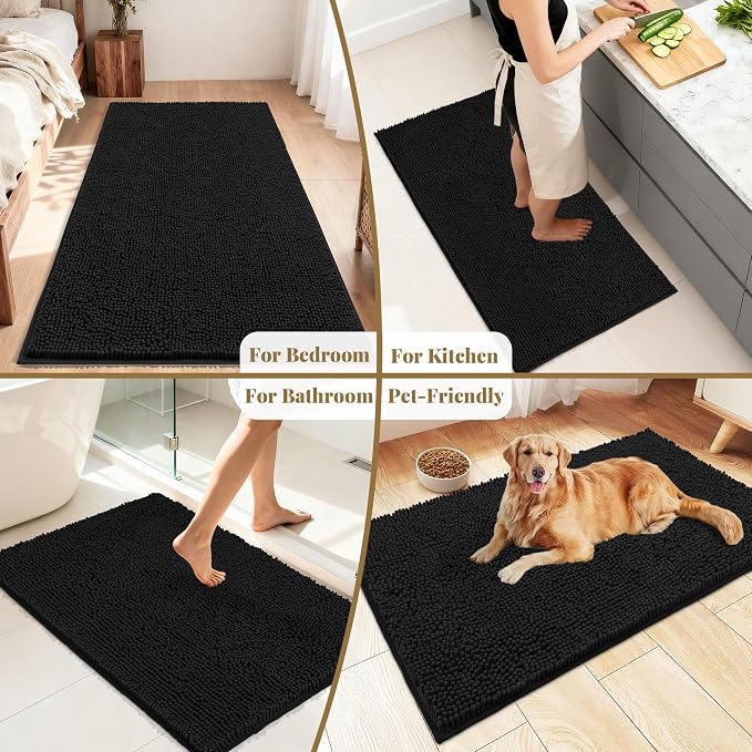 Bathroom Rugs Mat 72 x 24, Thick Soft Absorbent Chenille Bath Rugs, Rubber Backing Bath Mats for Bathroom Floor, Tub, Shower, Bedroom, Home Decor Accessories, Quick Dry Machine Washable, Black