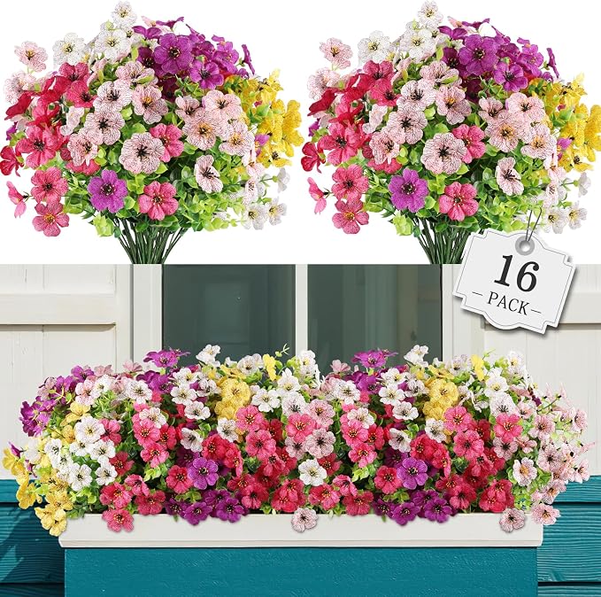 AGIRL Artificial Flowers Outdoor UV Resistant Fake Plant Garden Patio Decor | 16 Bundles,No Fade Plastic Faux Flowers for Hanging Planters front porch yard Indoor Outside,grave decorations for cemetery