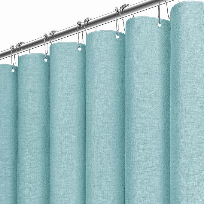 Extra Long Linen Textured Waterproof Shower Curtain Set, 72x96, Teal | Extra Tall Size, 230GSM Polyester, Heavy Duty Cloth, Weighted Hem, 12 Plastic Hooks, Modern Hotel Style, Machine Washable