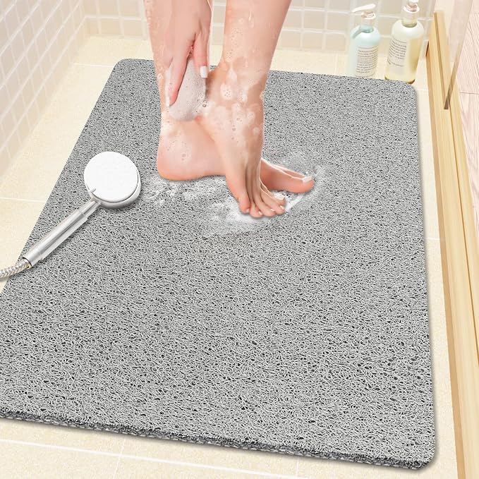 SoftDuo Shower Mat Bathtub Mat Non-Slip Soft Tub Mat | 24x16 inch,PVC Loofah Bath Mat with Drain for Tub and Bathroom,Quick Drying,Grey