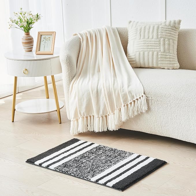 CozeCube Jet Black Striped 32"x20" Non Slip Washable Bath Mat | For Bathroom, Fluffy Absorbent Microfiber Bath Mats Machine Wash, Stylish Cute Aesthetic Bathroom Rugs