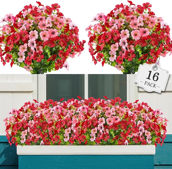 AGIRL Artificial Flowers Outdoor UV Resistant Fake Plant Garden Patio Decor | 16 Bundles,No Fade Plastic Faux Flowers for Hanging Planters front porch yard Indoor Outside,grave decorations for cemetery