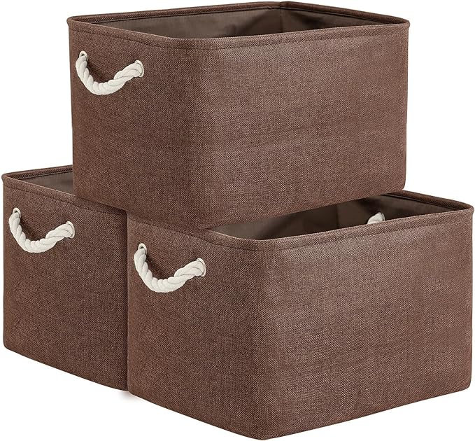 Organization and Storage Basket for Shelves - 3 Pack 16x12x12 inch Fabric Storage Cubes, Cube Storage Bin for Organizing Closet Cloth Organizer Gift Toy (White & Brown)