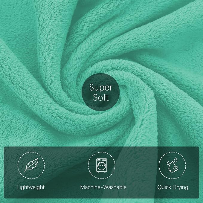 TENSTARS Luxury Silk Hemming Towel Set - Light Thin Quick Drying - 2 Bath Towels 2 Hand Towels 2 Washcloths - Ultra Soft Microfiber Towel for Bath Fitness, Sports, Yoga, Travel (Aqua Green, 6 Pieces)