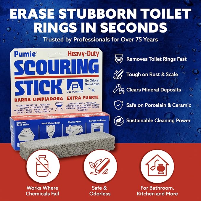 6-Pack PUMIE HDW Scouring Stick for Toilet Bowl Cleaning, Cleans Toilet Bowl Hard Water Rings, Buildups, Rust & Tough Stains, Perfect Pumice Stone for Cleaning Bathtub, Pools, Kitchens, Sinks & Grills