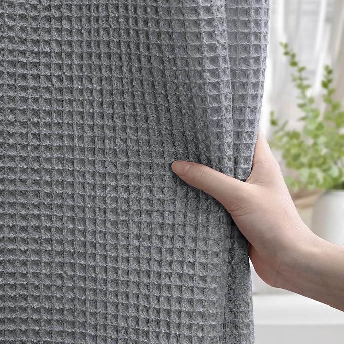 Long Waffle Weave Shower Curtain Heavyweight Cotton Fabric Grey 72Wx78L | Soft Cotton Cloth,3D Square Truely Waffle Washable, Hotel Luxury Spa, Shower Curtain Set for Bathroom 12 Plastic Hooks