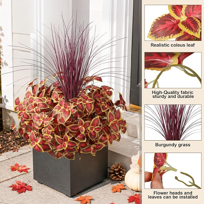 florisso Fall Artificial Coleus Plants Outdoot with Burgundy Grass 5Pcs | Faux Fall Plants UV Resistant Silk Plants with Stems, Fake Plants for Outside Garden Patio Planter Pathway Front Porch