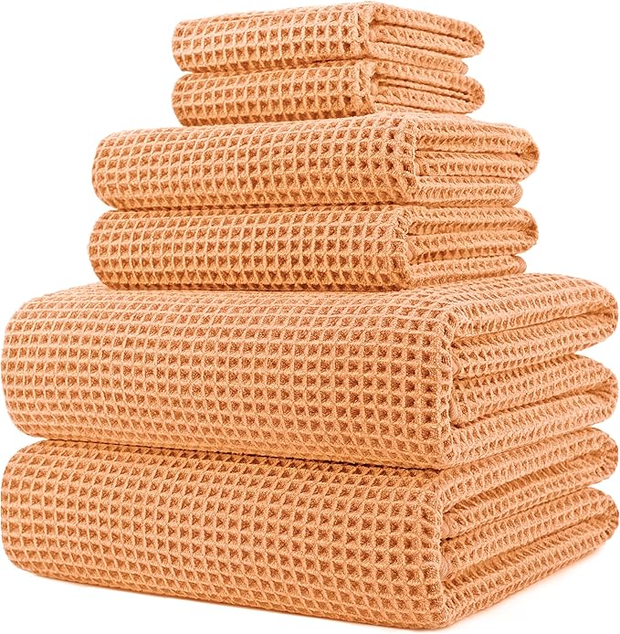 POLYTE 430 GSM Poly Blend Microfiber Quick Dry Waffle Bath Towel Set of 6 | 2-Body Towels, 2-Hand Towels, 2-Wash cloths, Oversize, Lint Free