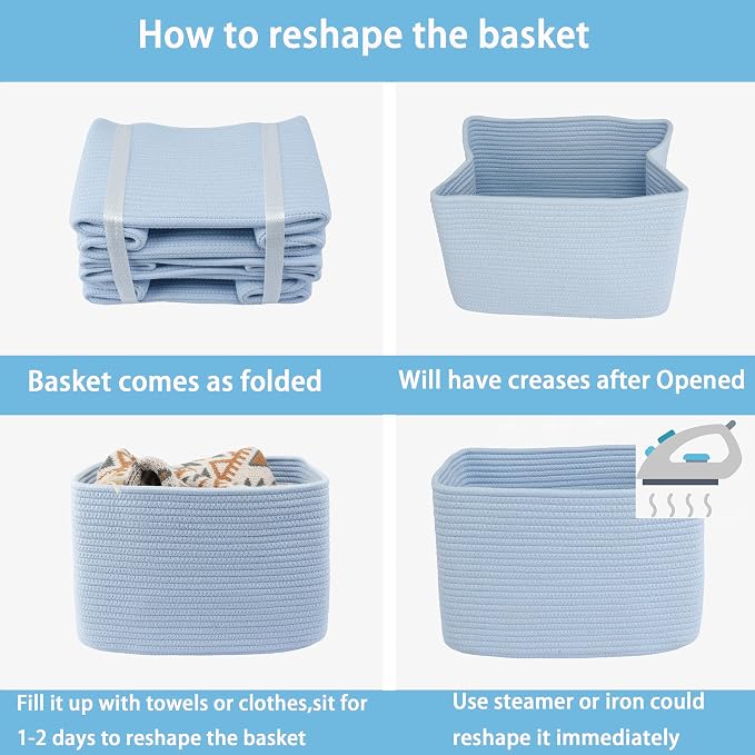 XUANGUO Woven Cotton Rope Storage Baskets 15x10x9.3" 3 Pack Light Blue | Decorative rectangular storage baskets for shelves and closets; storage bins organize clothes, toys, books and nursery items.