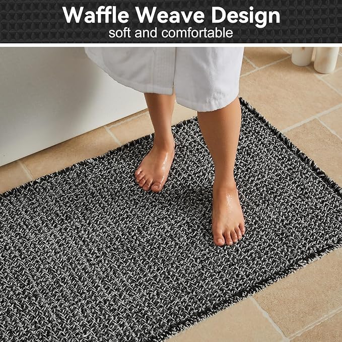 Triohero Waffle Runner Bath Mat - Long Bathroom Rugs Non Slip Washable, Ultra Soft Super Absorbent Quick Dry Boho Farmhouse Bathroom Decor, 24" x 60"', Black & White