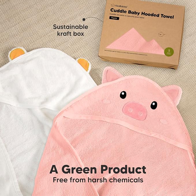 KeaBabies Hooded Baby Towel for Newborn, Baby Bath Towels (Piglet, 35x35) | Viscose Derived from Bamboo, Large Baby Towels with Hood, Boys, Girls, Toddler, Soft Absorbent Baby Bath Essentials