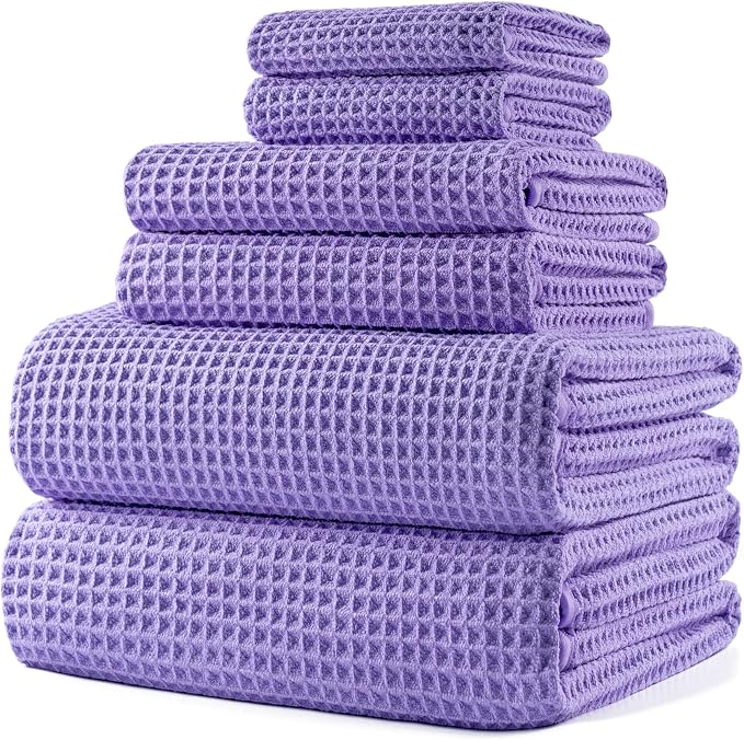 POLYTE 430 GSM Poly Blend Microfiber Quick Dry Waffle Bath Towel Set of 6 | 2-Body Towels, 2-Hand Towels, 2-Wash cloths, Oversize, Lint Free