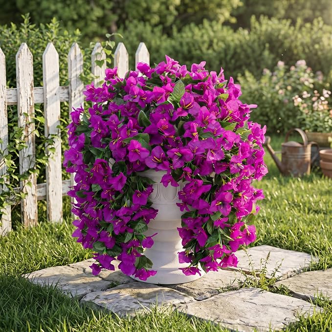 Faux Bougainvillea Artificial Flowers Plants for Outdoors Outside Decoration, 2 pcs Purple Fake Flowers UV Resistant Look Real Silk Long Trailing Vines for Front Door Porch Planter Urn Patio Garden