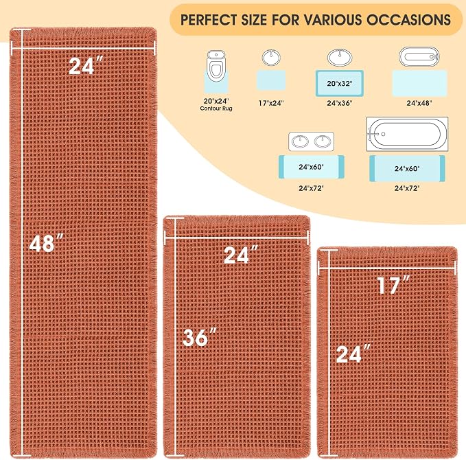 Waffle Bath Mat Set 3 Piece Burnt Orange,Woven Modern Bath Rug Mats, Absorbent Non Slip Bath Floor Mat, Soft Washable Boho Bath Rugs with Tassels for Bathroom, Bedroom, Kitchen, Tub