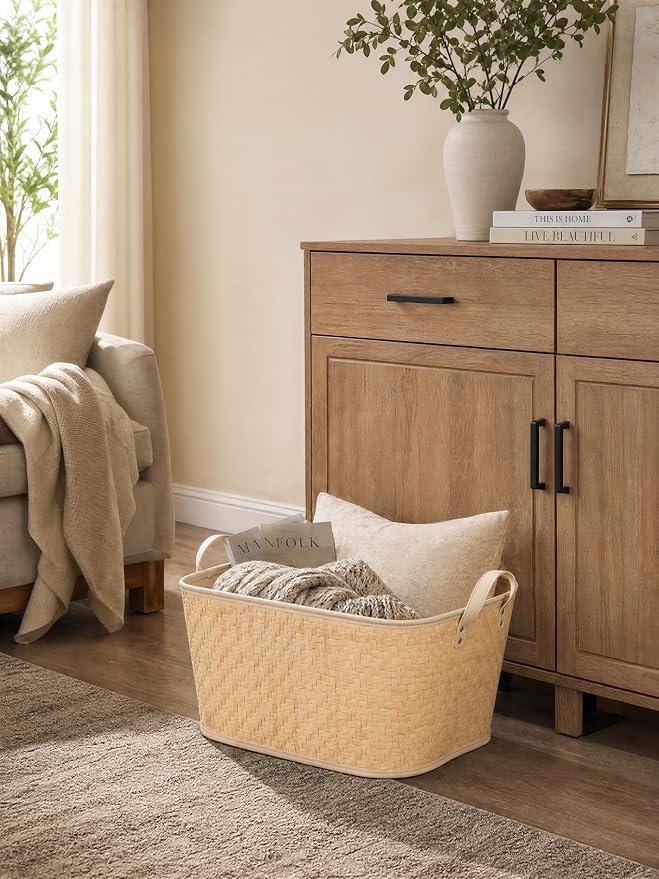 BROWNLILY Oversized Storage Baskets Laundry Hampers with Structured Frame & Supported Bottom, Extra Large Closet Bins for Shelves Blankets Car Bedroom Bathroom Organizers (Pack of 4, Natural)
