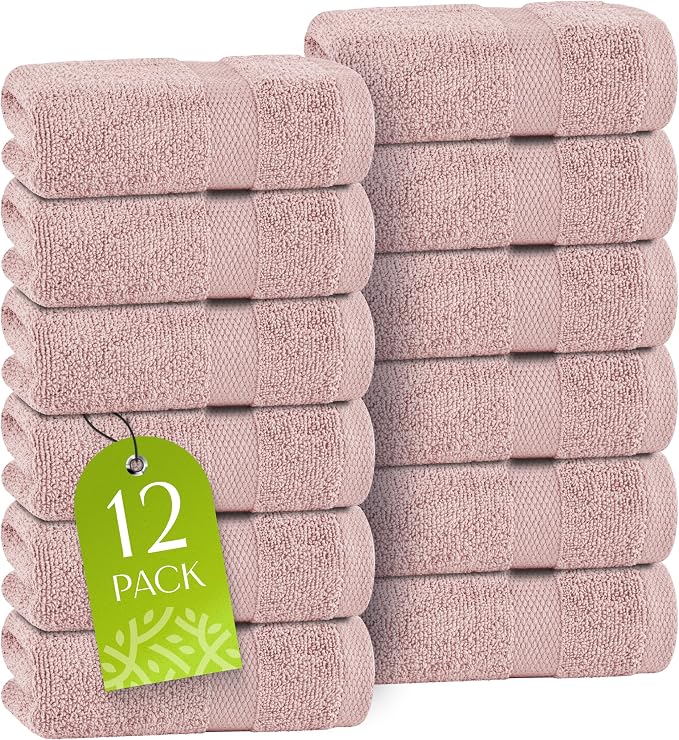 White Classic Pink Washcloths Set for Body and Face Towel, Cotton Wash Cloths Bulk 12 Pack, Spa Fingertip Wash Clothes 12x12 Inch, Soft Absorbent Gym Towels