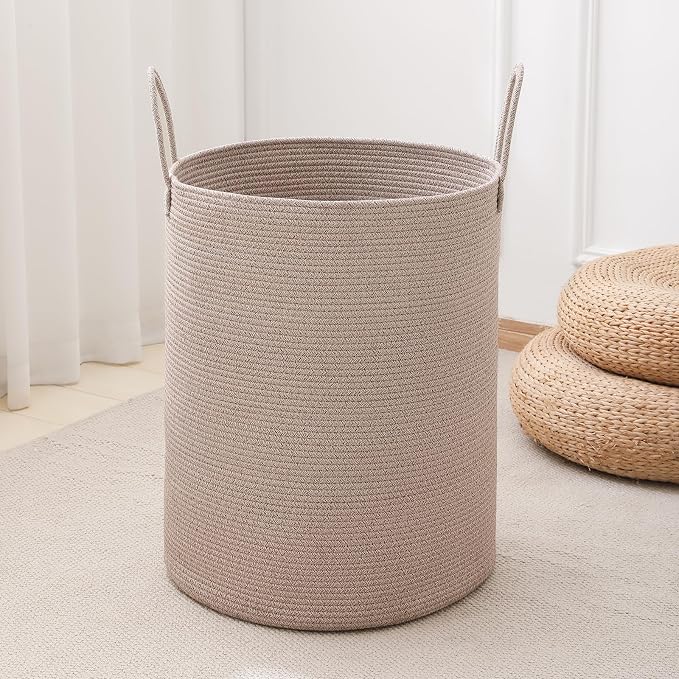 Laundry Basket Hamper Tall Rope Storage Woven for Blanket toys Dirty Clothes in Living Room Bathroom Bedroom (Tan, 80L/21.3Gal)